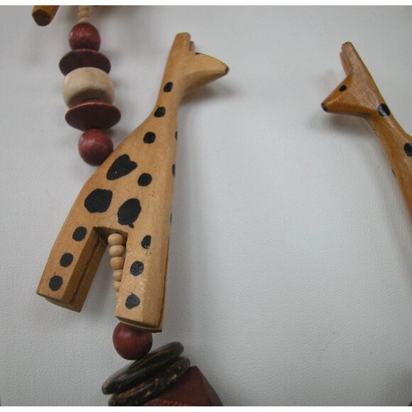 Handcrafted Wooden African Animal Necklace With Giraffe Elephant Camel Charms & - Picture 2 of 5